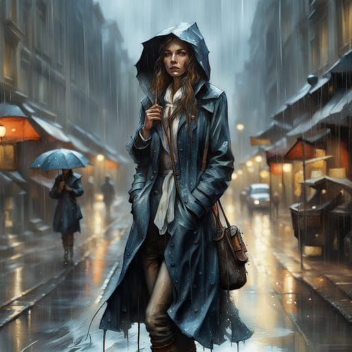 Woman in Rainy City Street Digital Painting