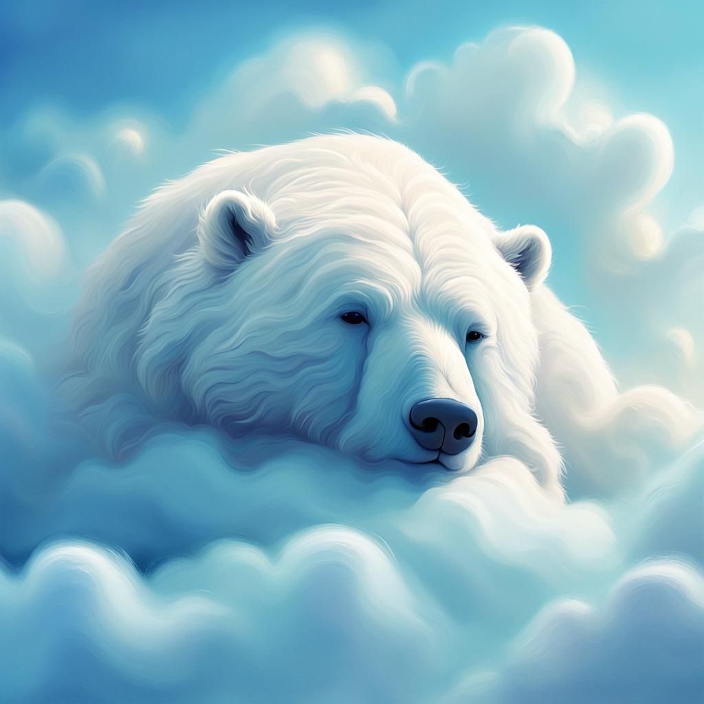 Visualize a detailed, fluffy, and tranquil bear cloud formation. This unique cloud should be white and resemble a bear t...