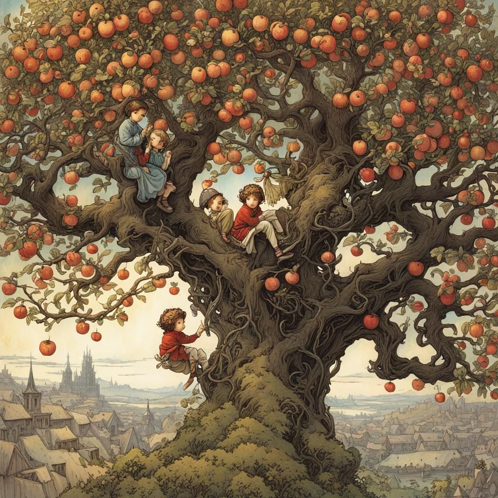 Whimsical Siblings Hide in a Blossoming Apple Tree