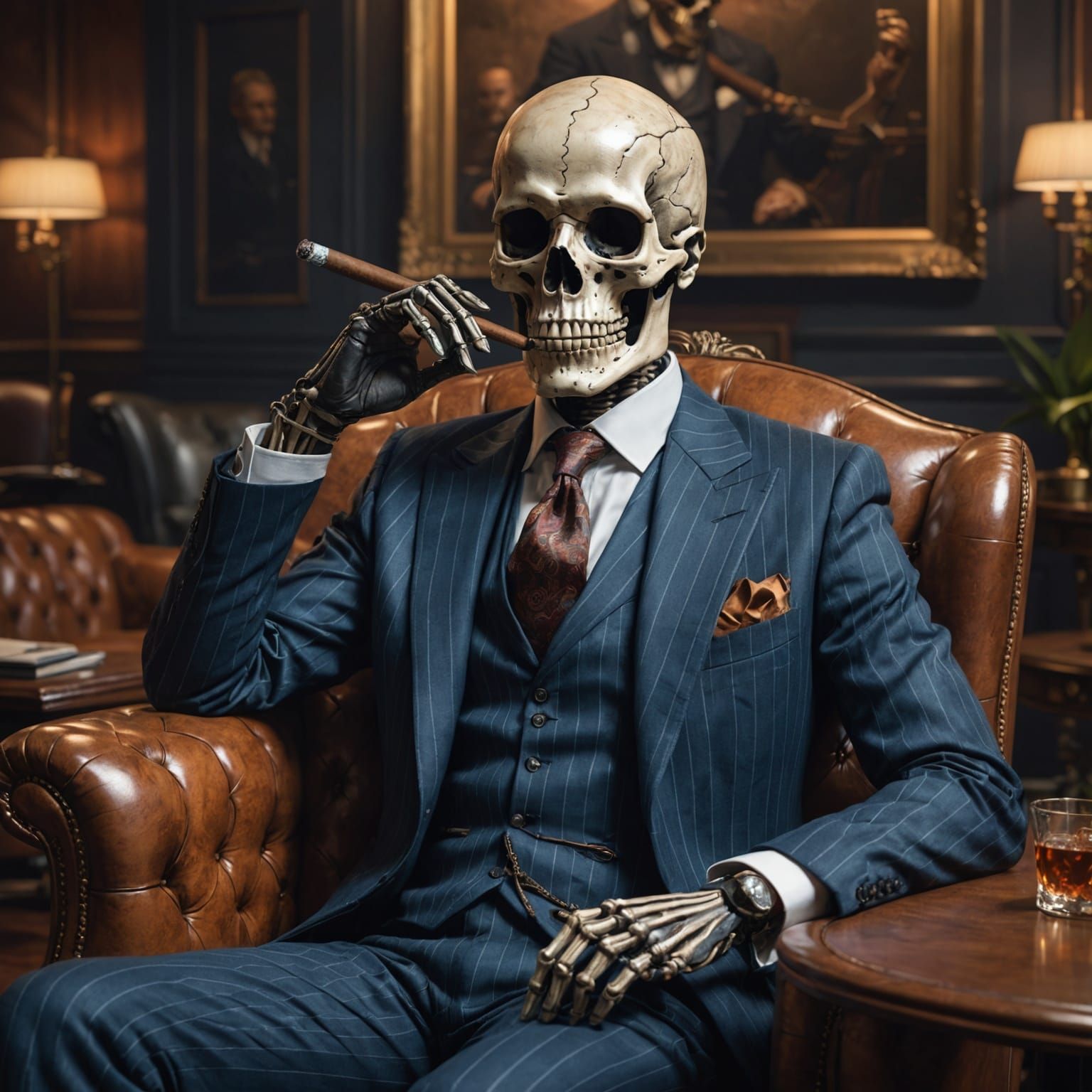 Skeleton in Pinstripes: Detailed Digital Art Portrait