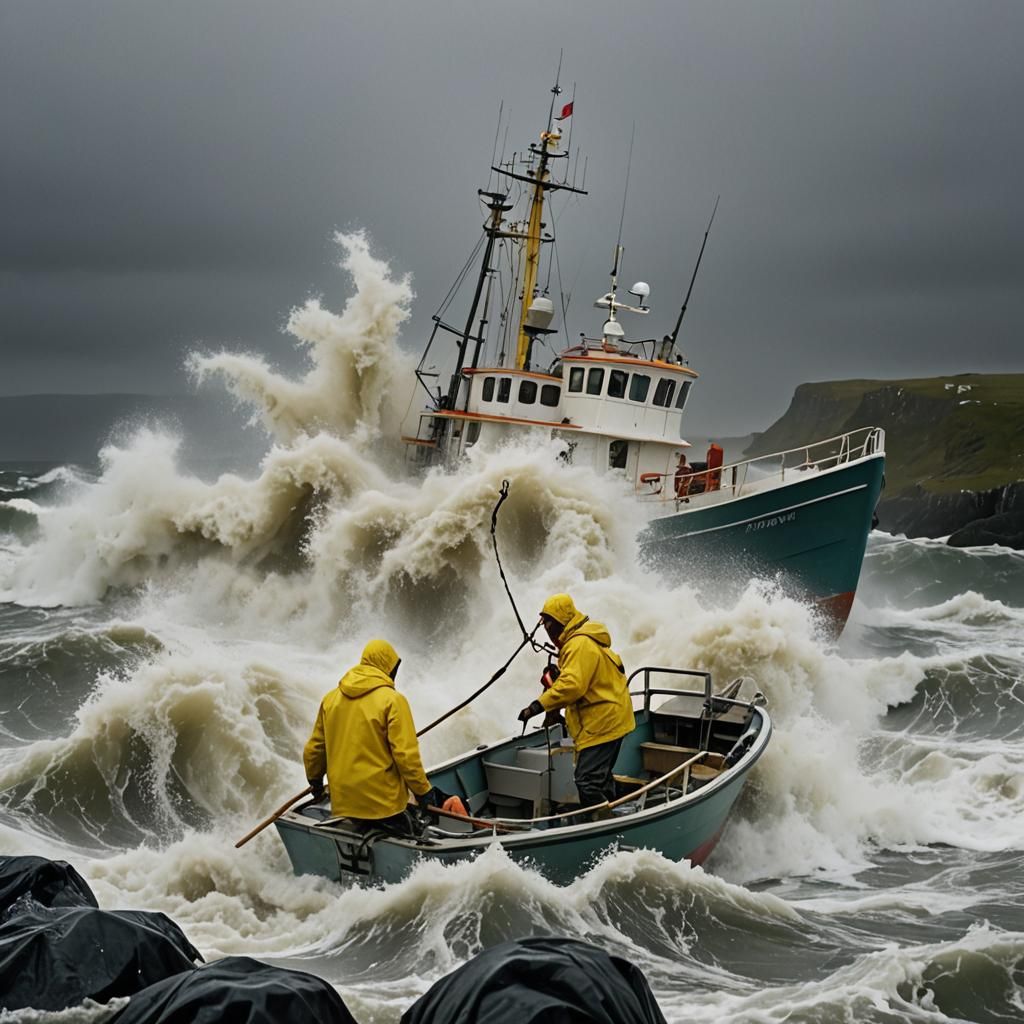 Fisherman Braving Stormy Seas with Lightning