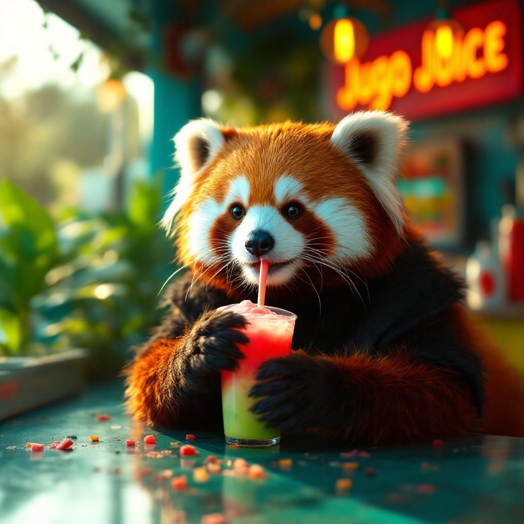 Red Panda Savoring Slush: Cinematic Film Still
