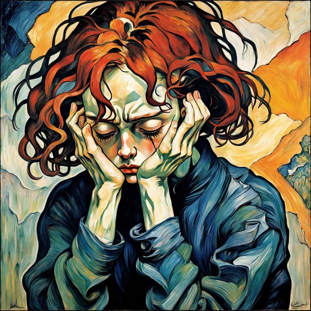 Melancholic Woman in Emotional Turmoil, in Expressionist Oil...
