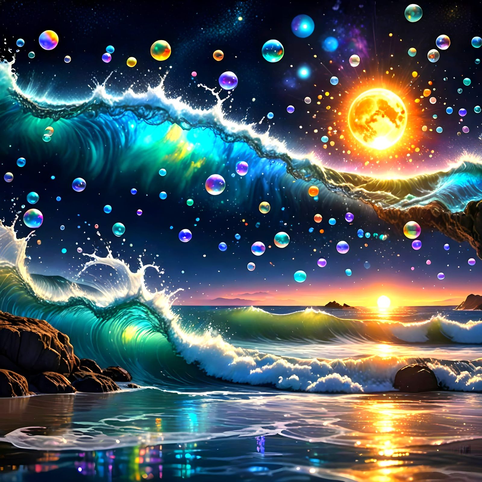 Surreal Cosmic Wavescape with Iridescent Bubbles and Starlig...