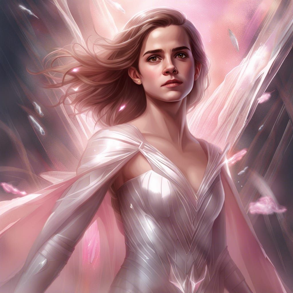 emma watson as nature magic celestial, superman pose, long hair, soft pink and white transparent cloth, space,