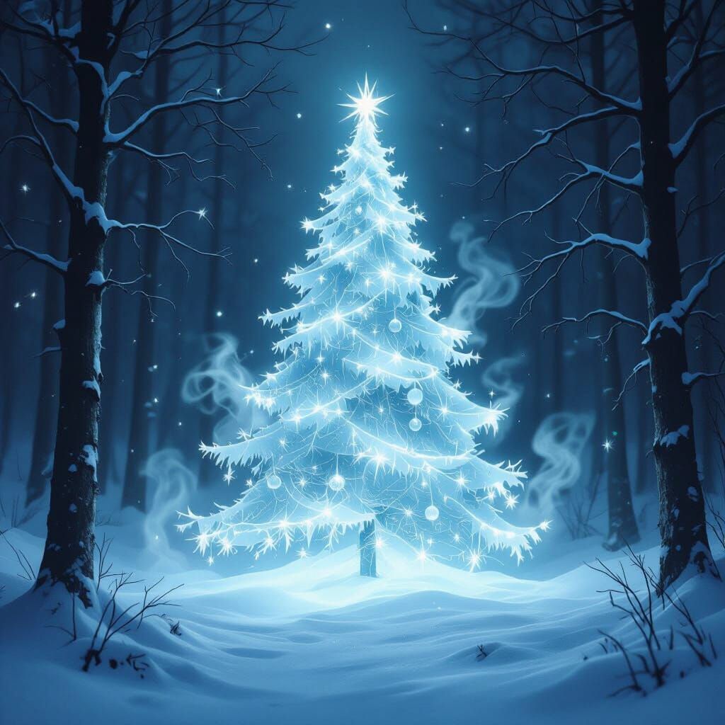 Ethereal Ghostly Christmas Tree in Snowy Forest