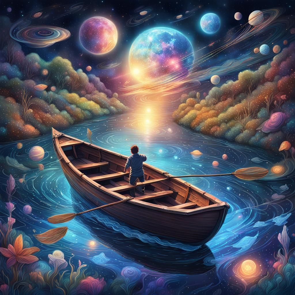 Astral Boat on Cosmic Stream, Holographic Illustration