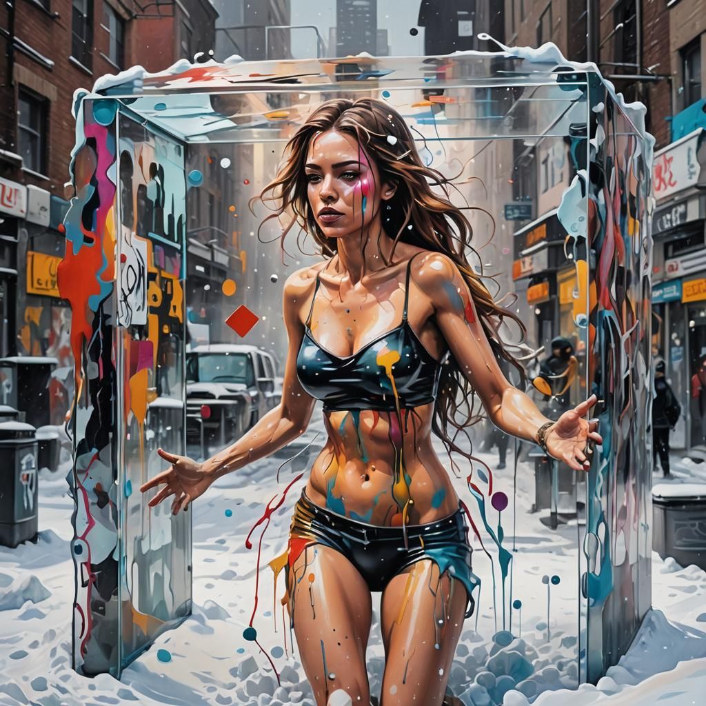 Woman in Glass Cube Graffiti Art