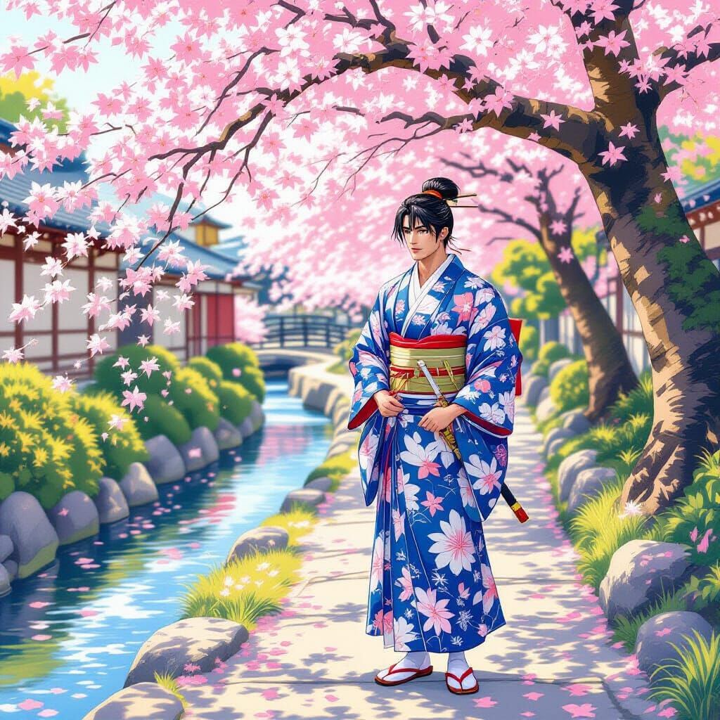 Japanese Man by Willow Tree in Ukiyo-e Style