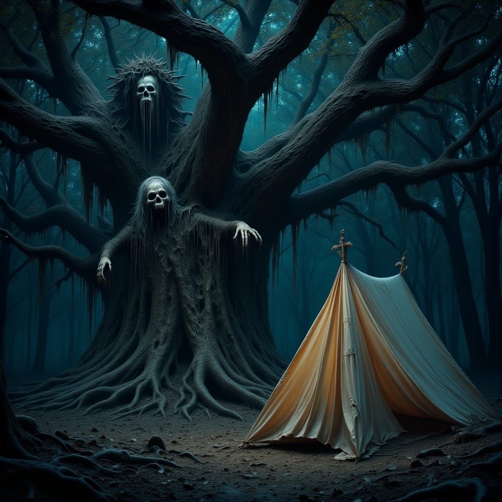 Eerie Forest Campsite with Shadowy Scarecrow