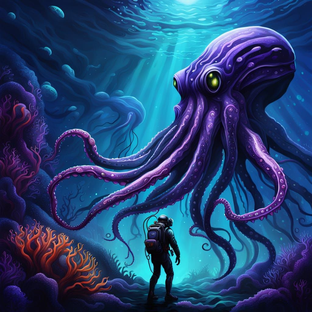 Deep Sea Diver and Giant Squid: Sci-Fi Encounter