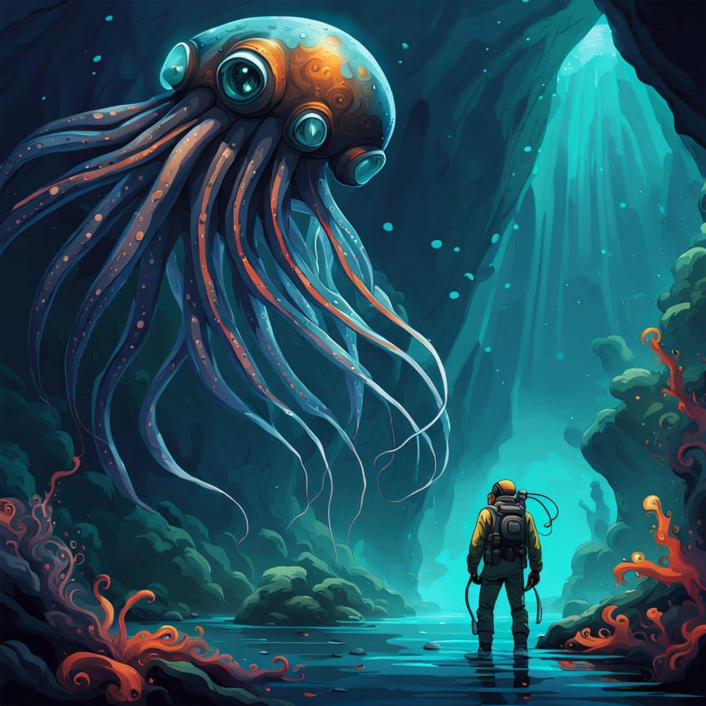 Deep Sea Diver and Giant Squid: Digital Painting