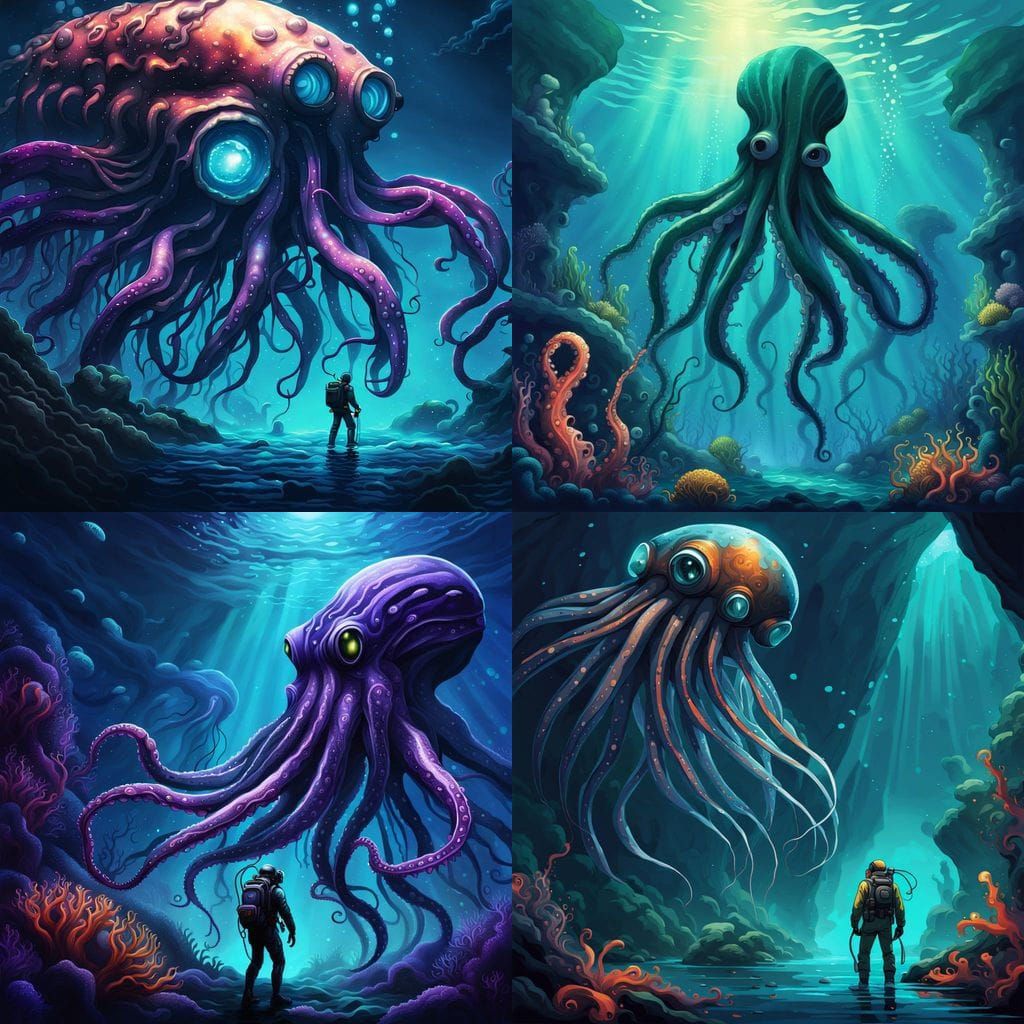 Deep Sea Diver and Giant Squid Encounter