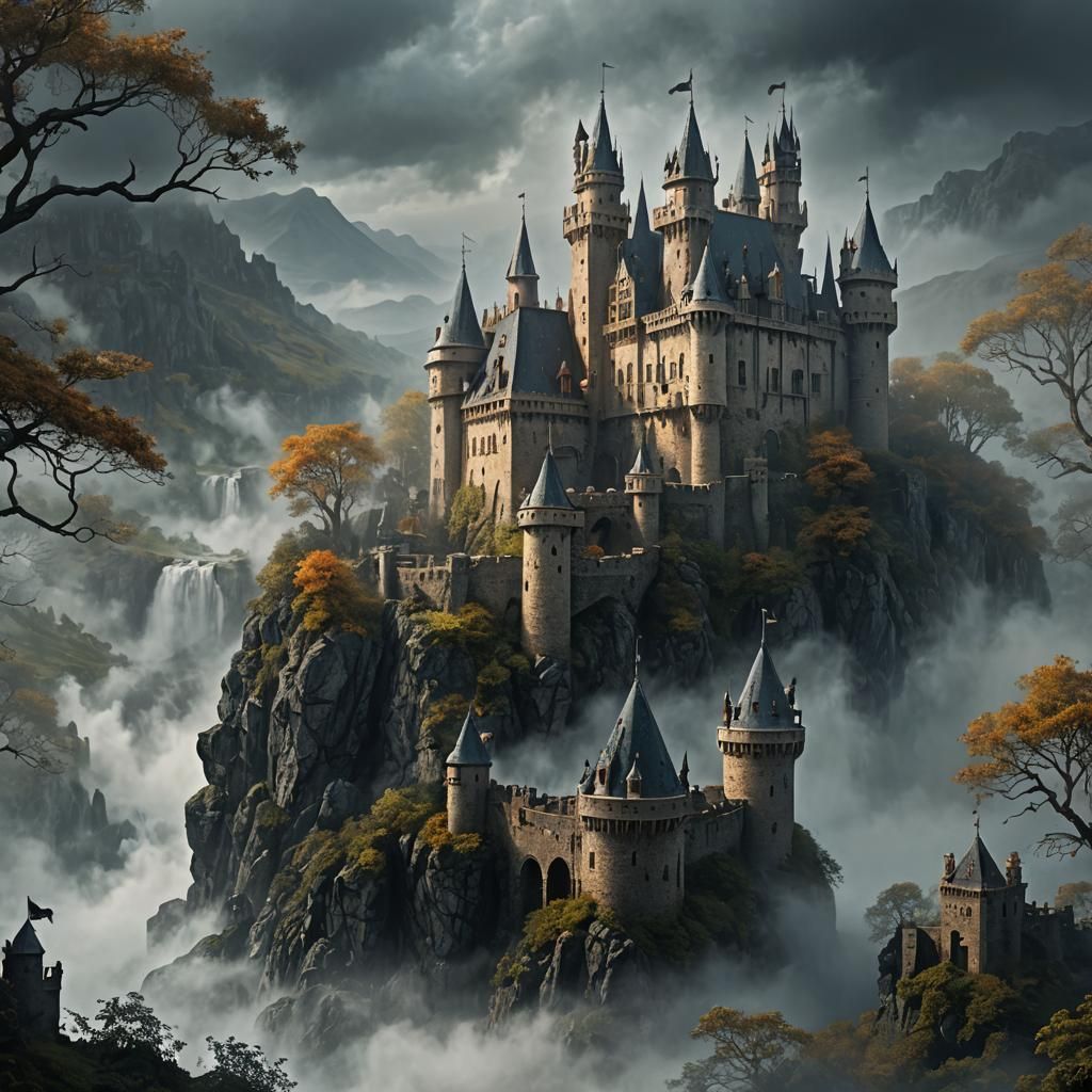 Mystical Castle Shrouded in Magical Fog