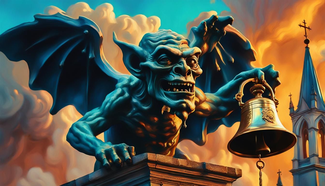 Gargoyle Hit by Bell in Surreal Oil Painting