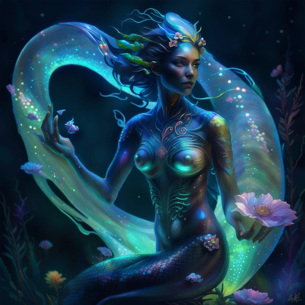 Iridescent Psychic Alien Mermaid Portrait in Acrylic Style