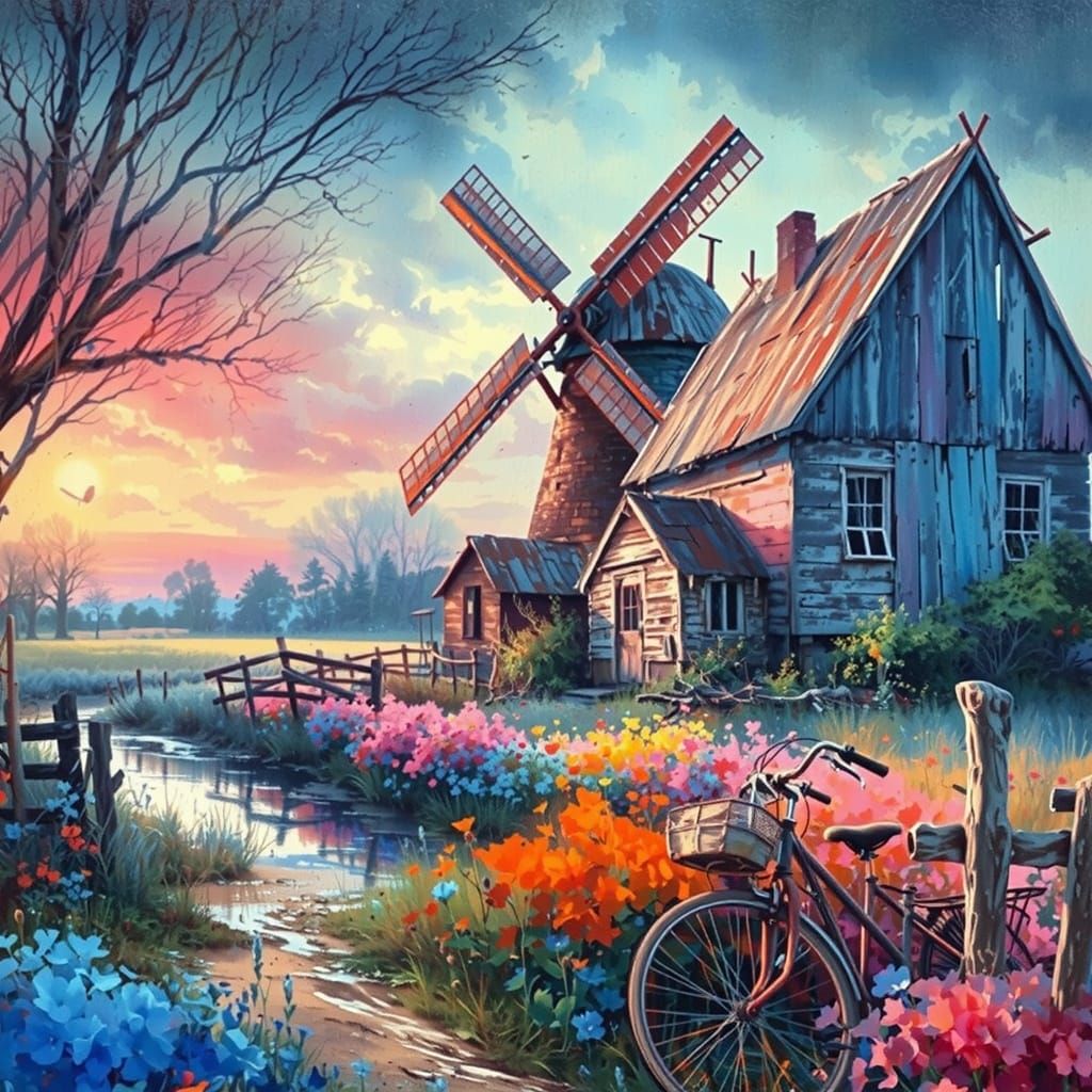 Abandoned House and Windmill in Chiaroscuro Illustration