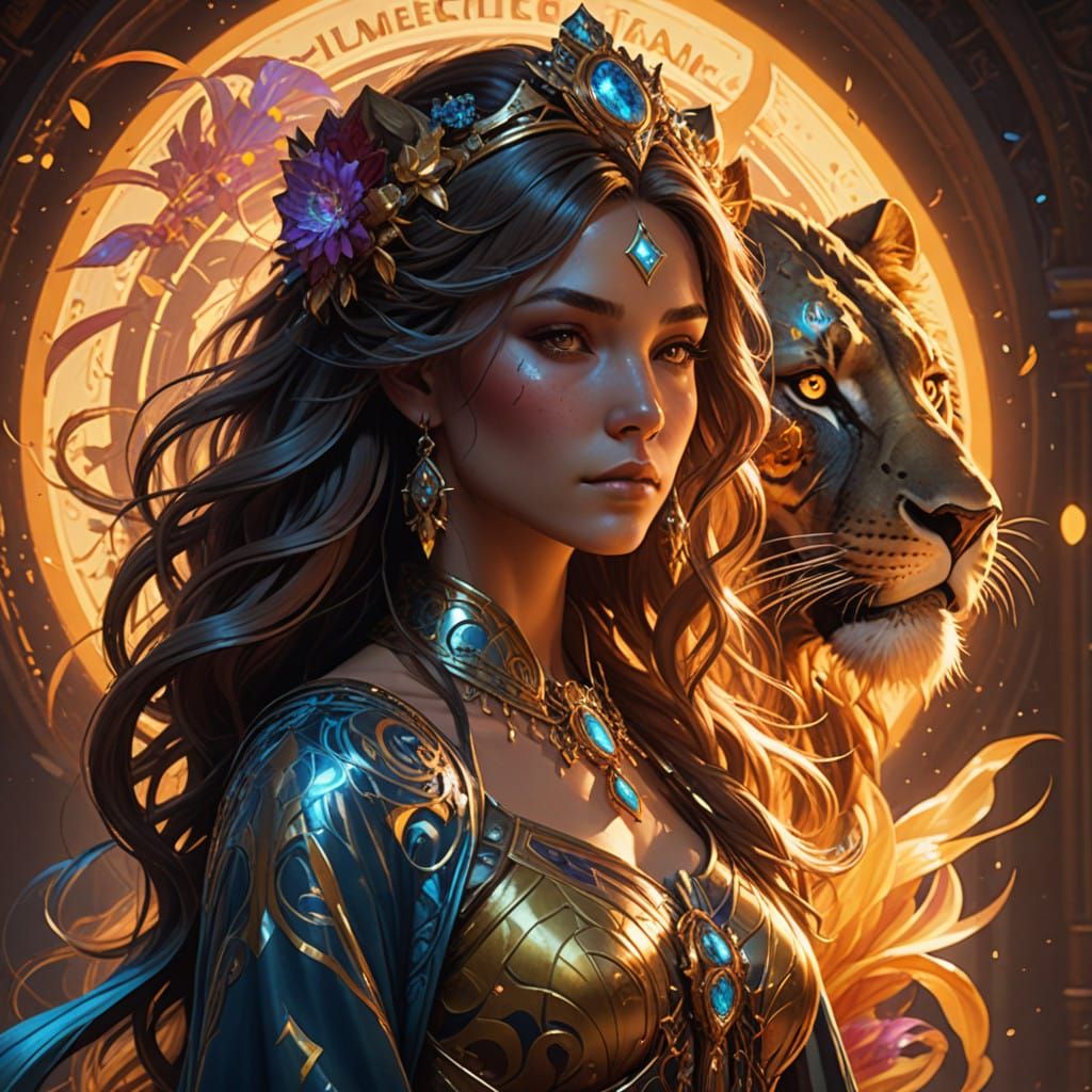 Ethereal Goddess and Lion in Vibrant, Pulsing Aura