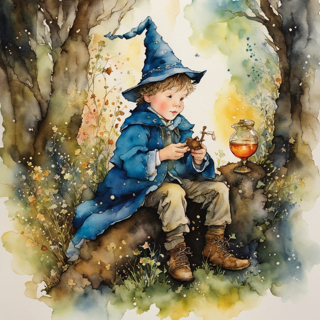 Whimsical Wizard Boy Casts a Spell in Chiaroscuro