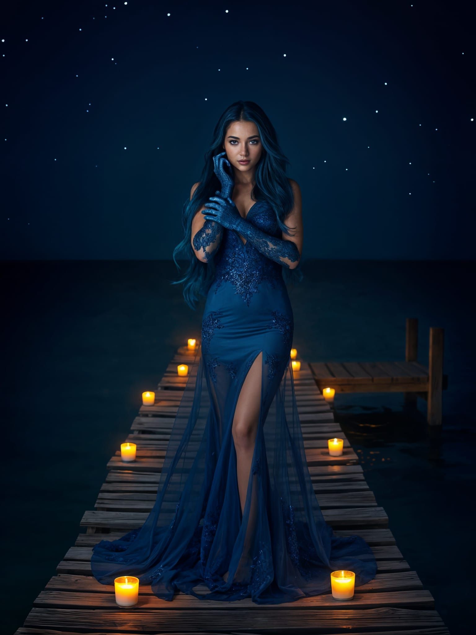 Sensual Young Model in Midnight Blue Embroidered Gown
