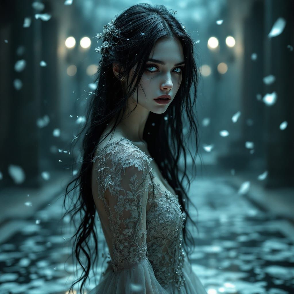 Ethereal Undead Prom Queen in Gothic Ballroom