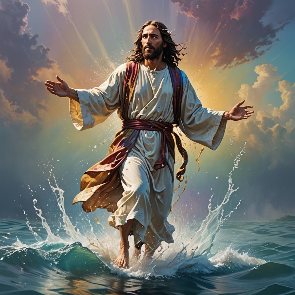 Jesus Walks on Water: Hyperrealistic Splash Art