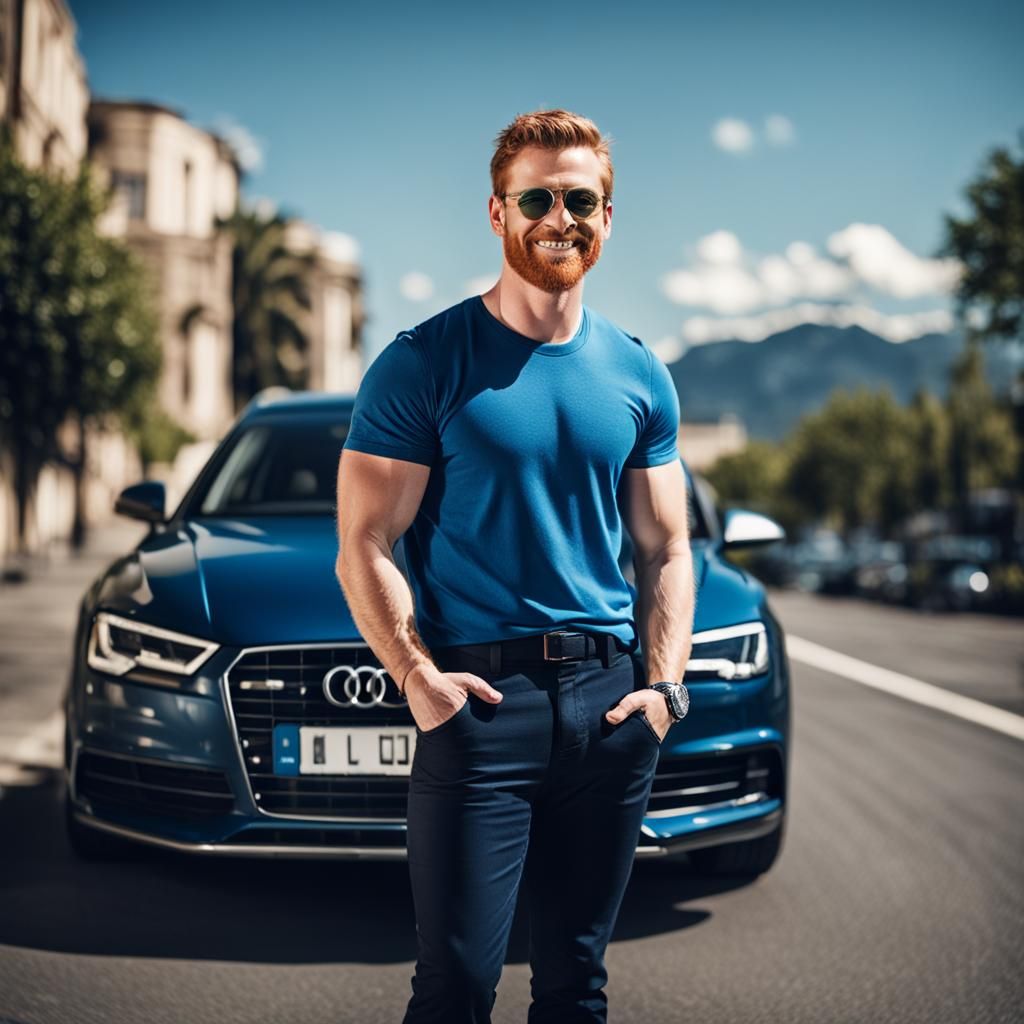 Ginger Man Leans on Blue Audi: Professional Photography