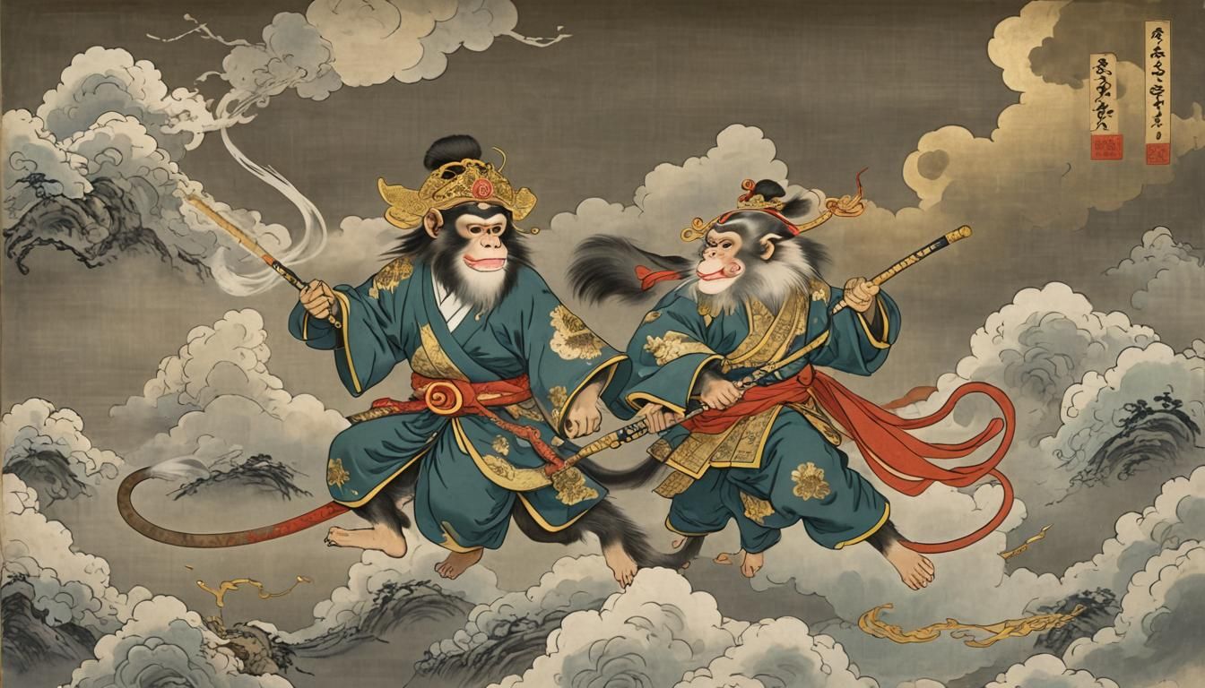 Monkey Warrior Riding Cloud Across the Sky