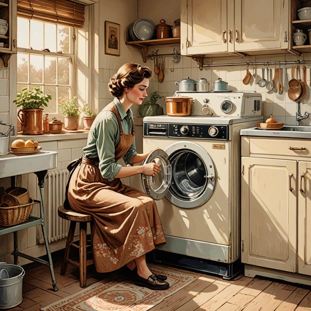 Woman Uses Vintage Washing Machine in Kitchen Illustration