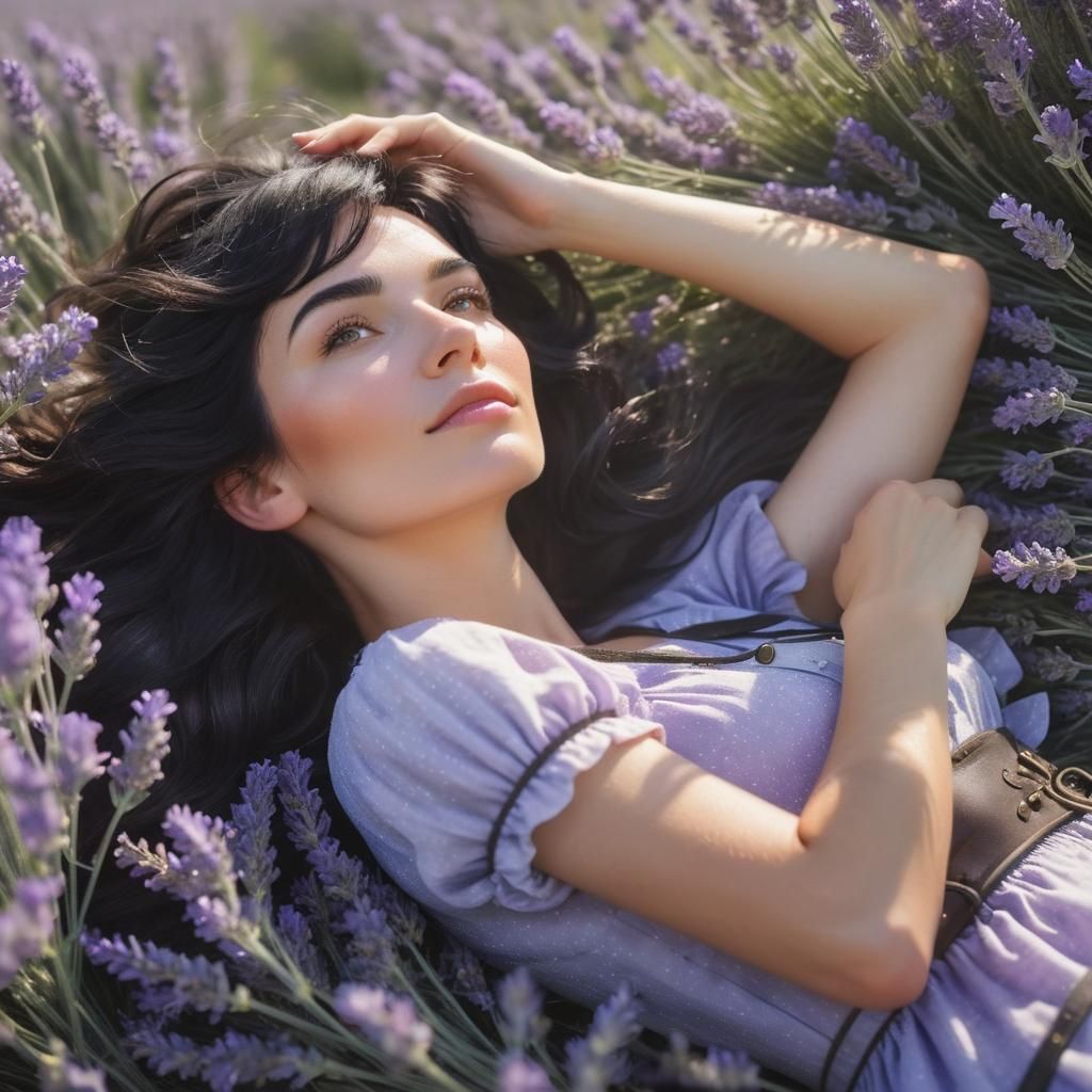 Blackhaired Farmgirl in Lavender Field with Sunshine