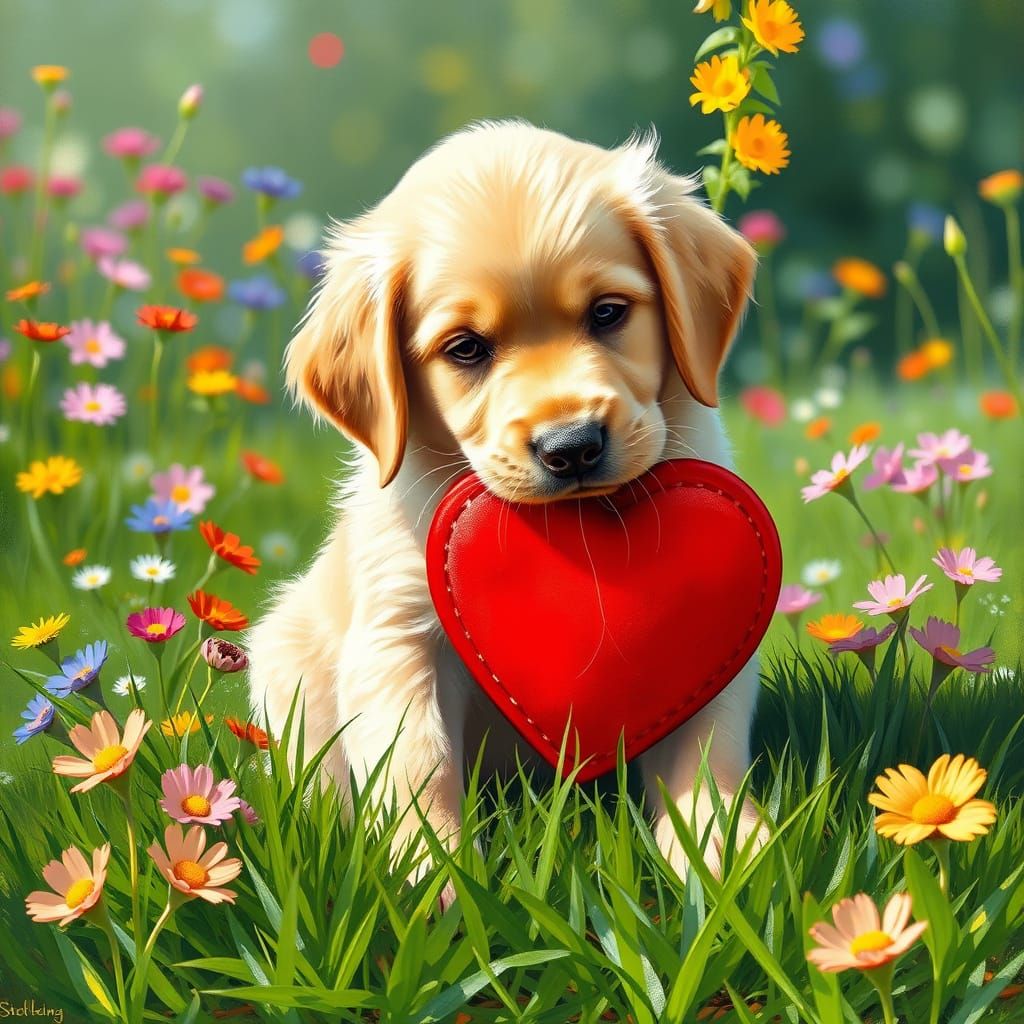 Golden Retriever Puppy Surrounded by Wildflowers in Impressi...