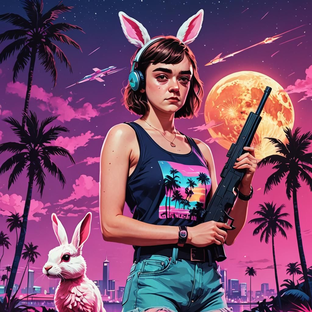 Maisie Williams in Retro Wave Style With Gun