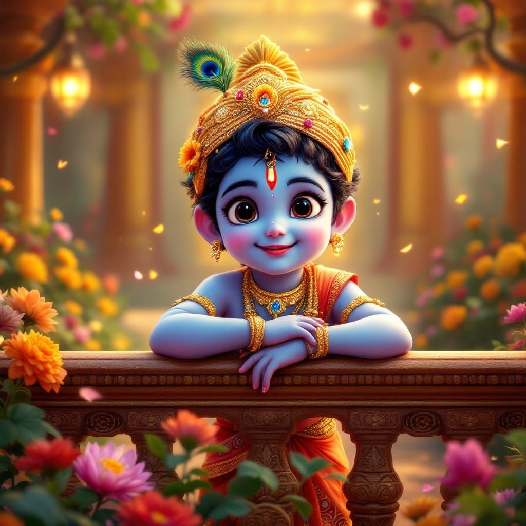Divine Child Krishna in a Glowing Garden