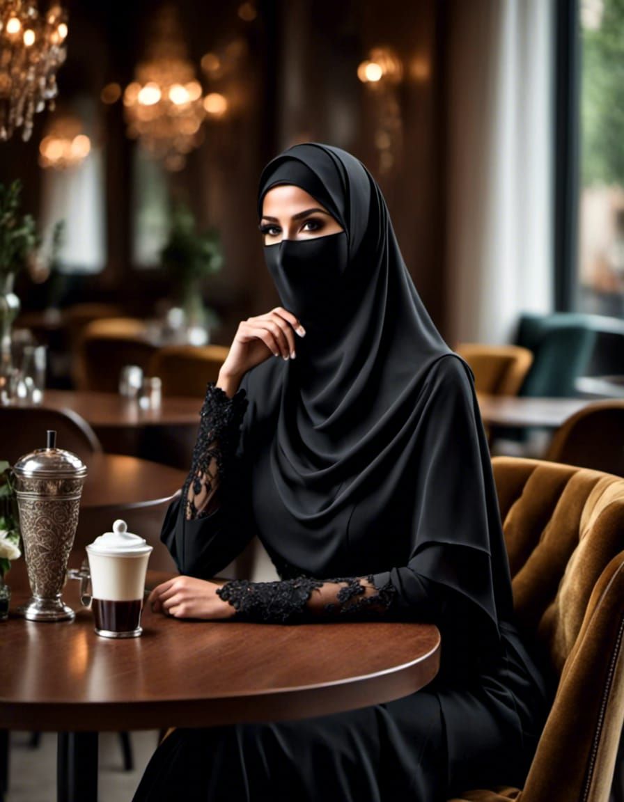 Niqabi Woman in Cafe: 8k High-Quality Photograph