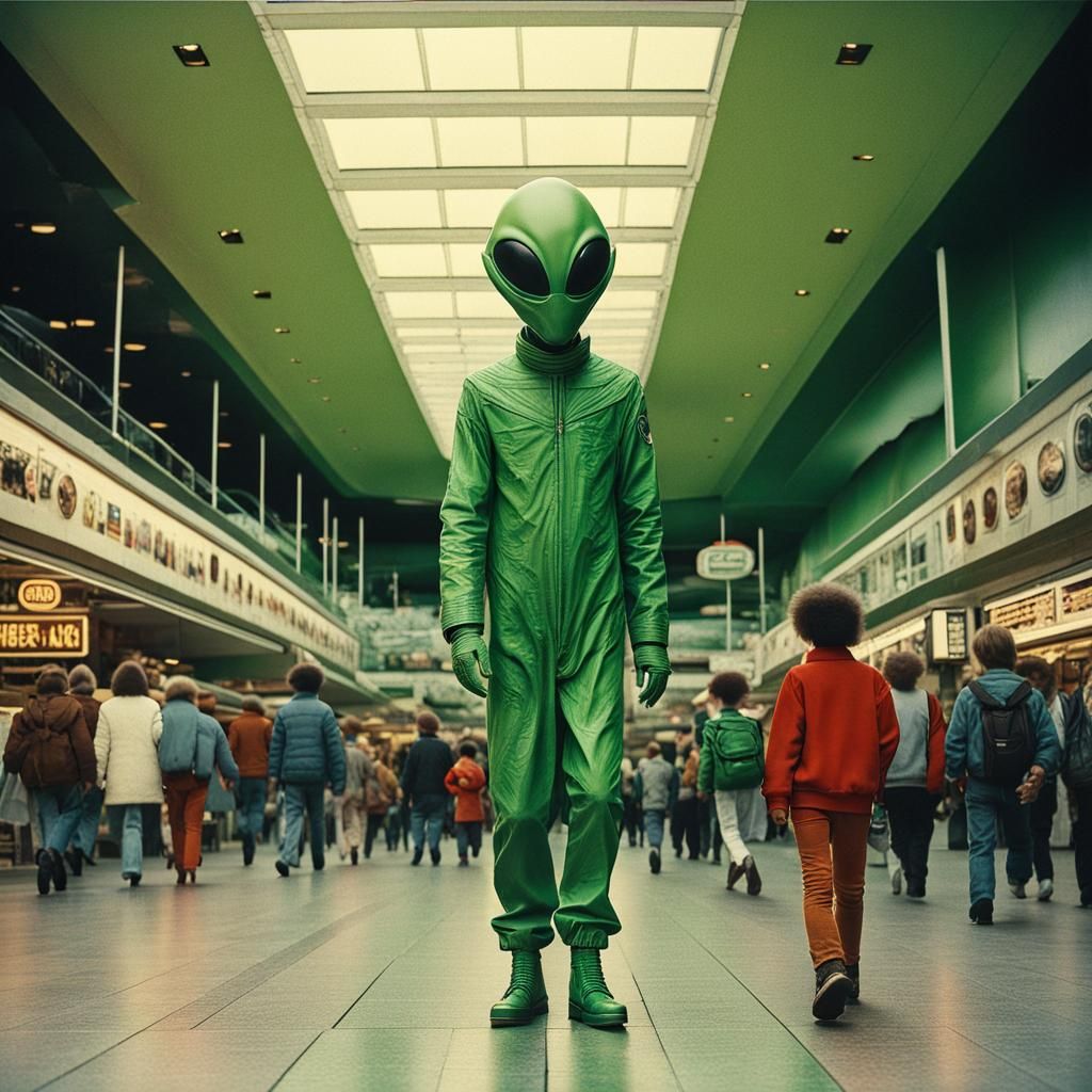 Friendly Green Alien Shopping Mall Photo, 1980s Style