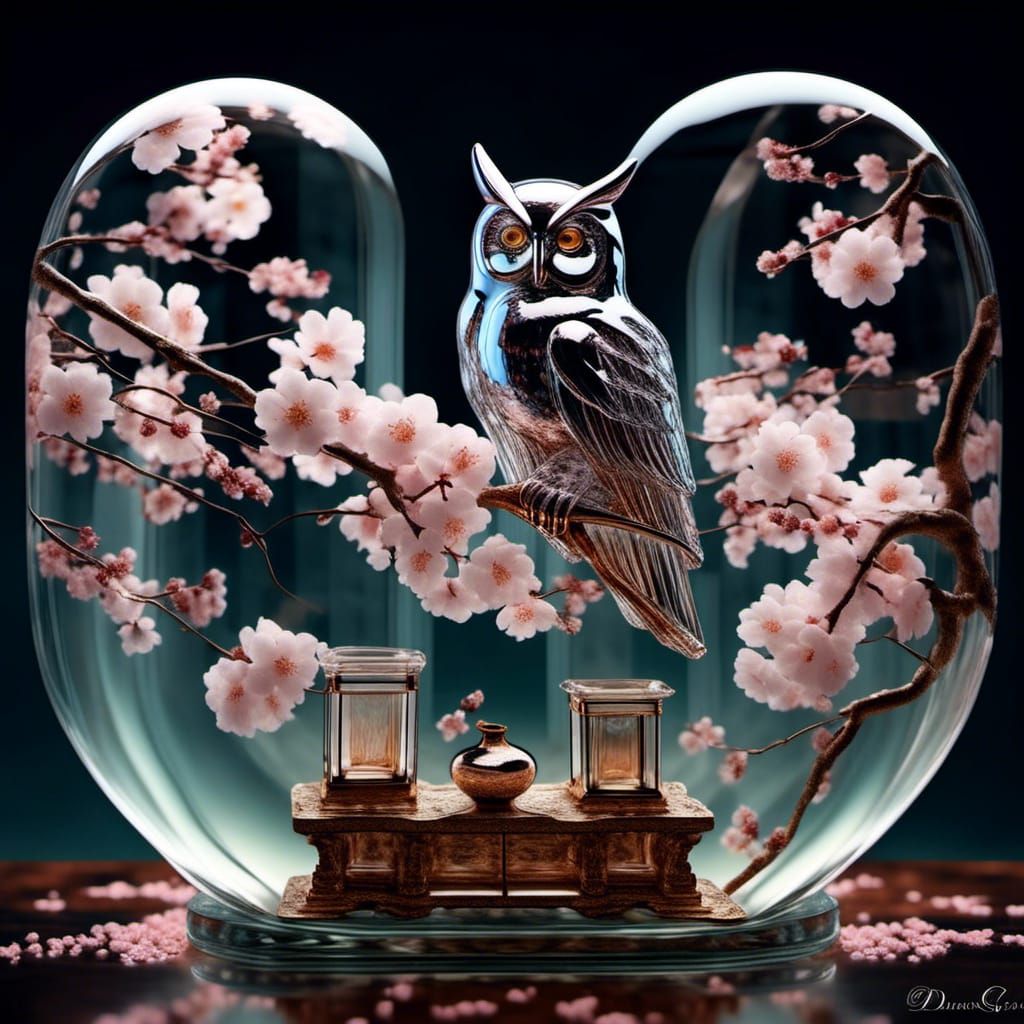Glass Owl with Blossoms in Art Nouveau Style