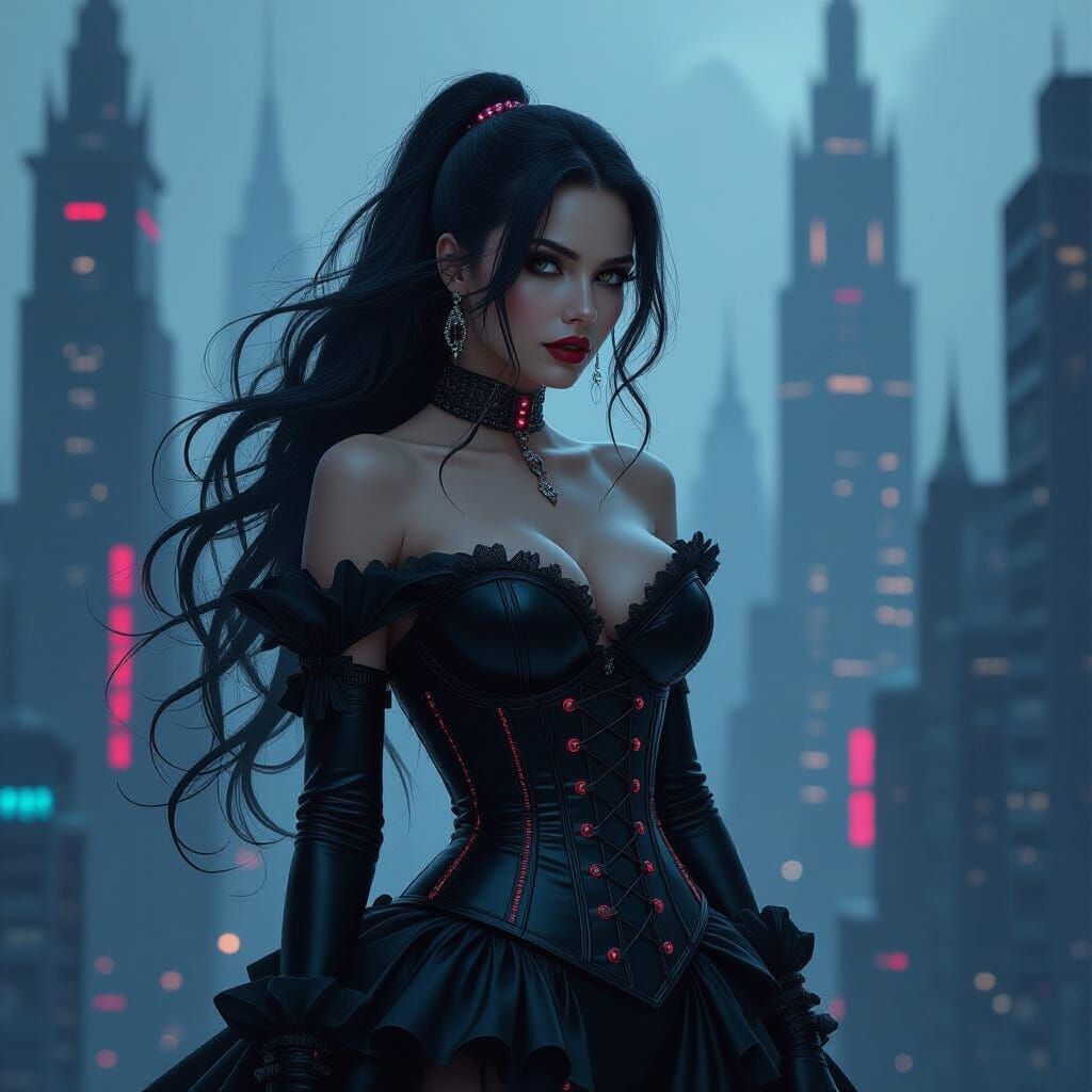 Gothic Woman Merges with Dystopian Cyberpunk Cityscape