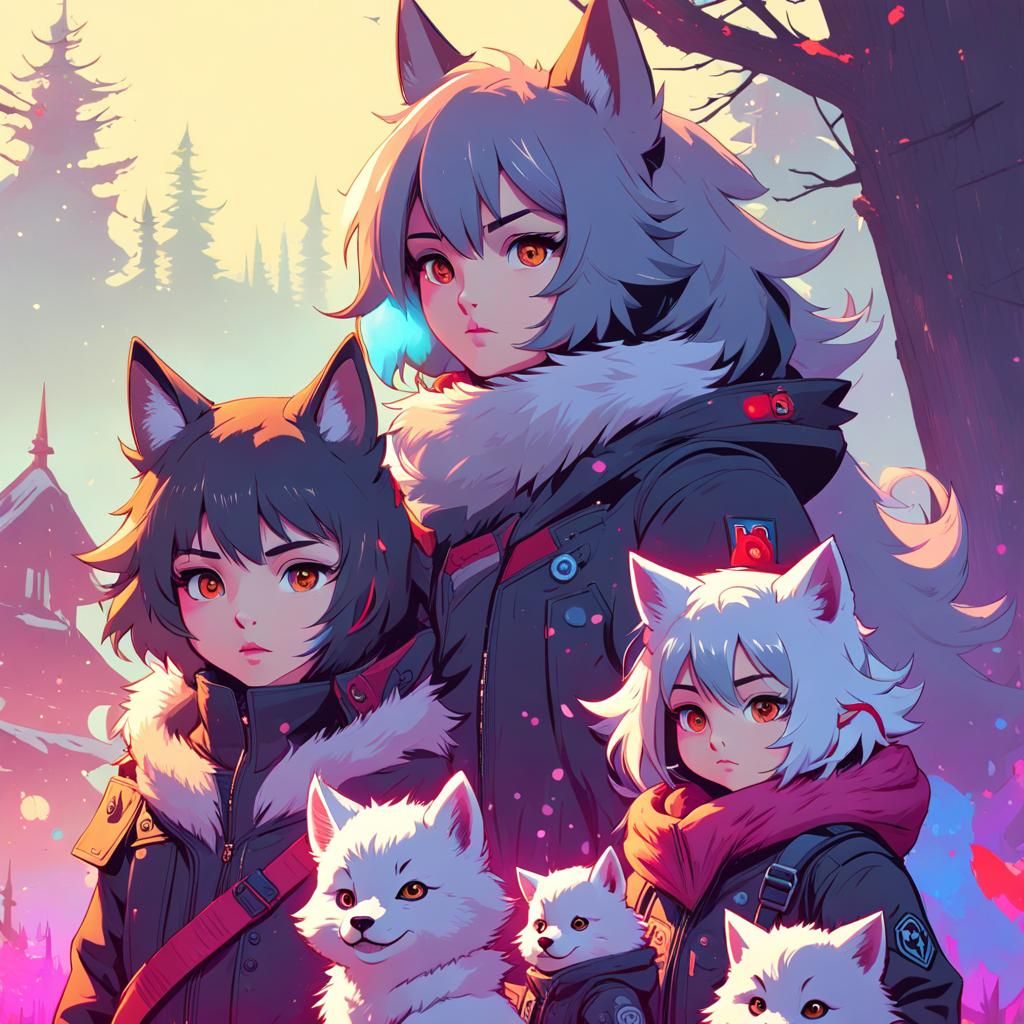 Adorable Wolf Cub Family Portrait in Chibi Style