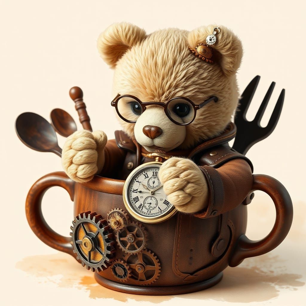 Steampunk Teddy Bear Examines Pocket Watch in Leather Gear D...