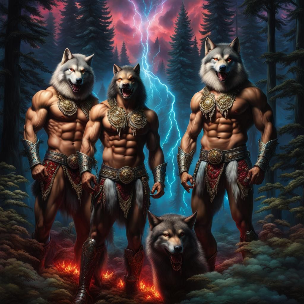 Bioluminescent Werewolves in Crystal Forest: Hyperreal Art