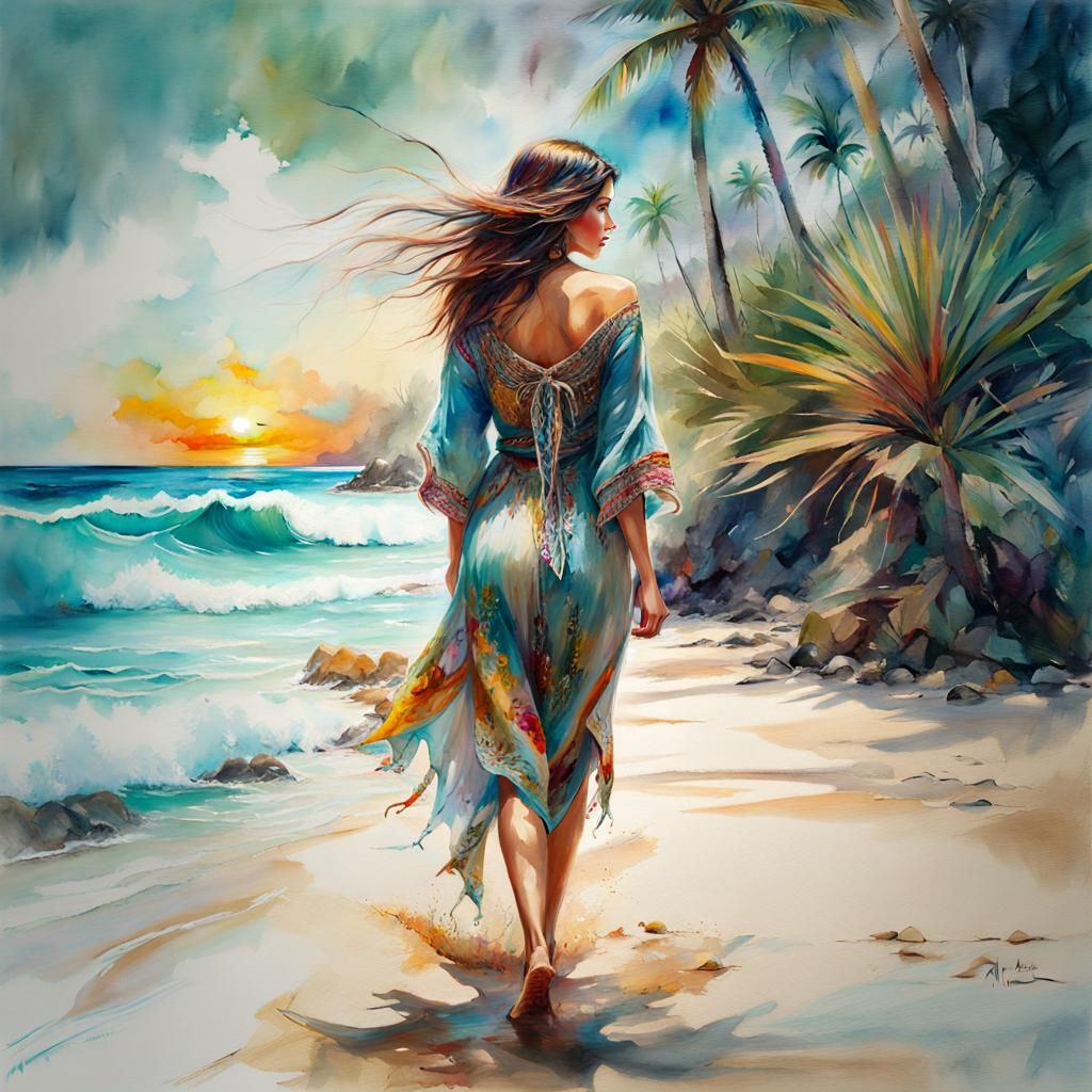 Woman on Tropical Beach: Stylized Watercolor Art