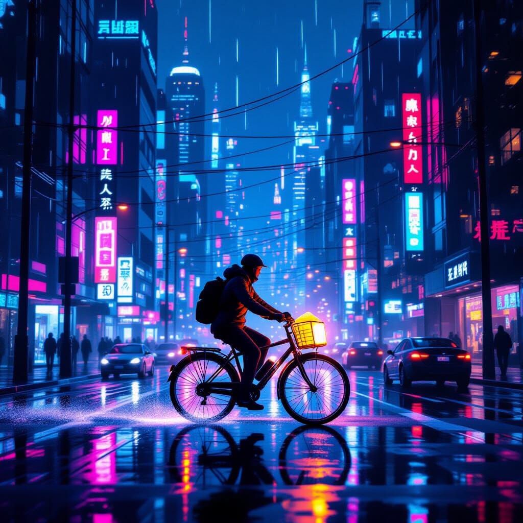 Cyberpunk Cyclist with Glowing Package in Neon City
