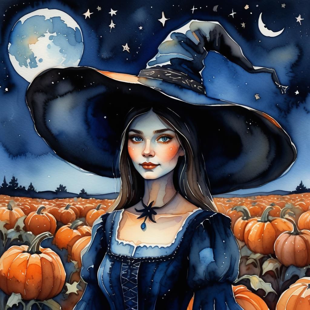 Watercolor Witch in Pumpkin Field at Night