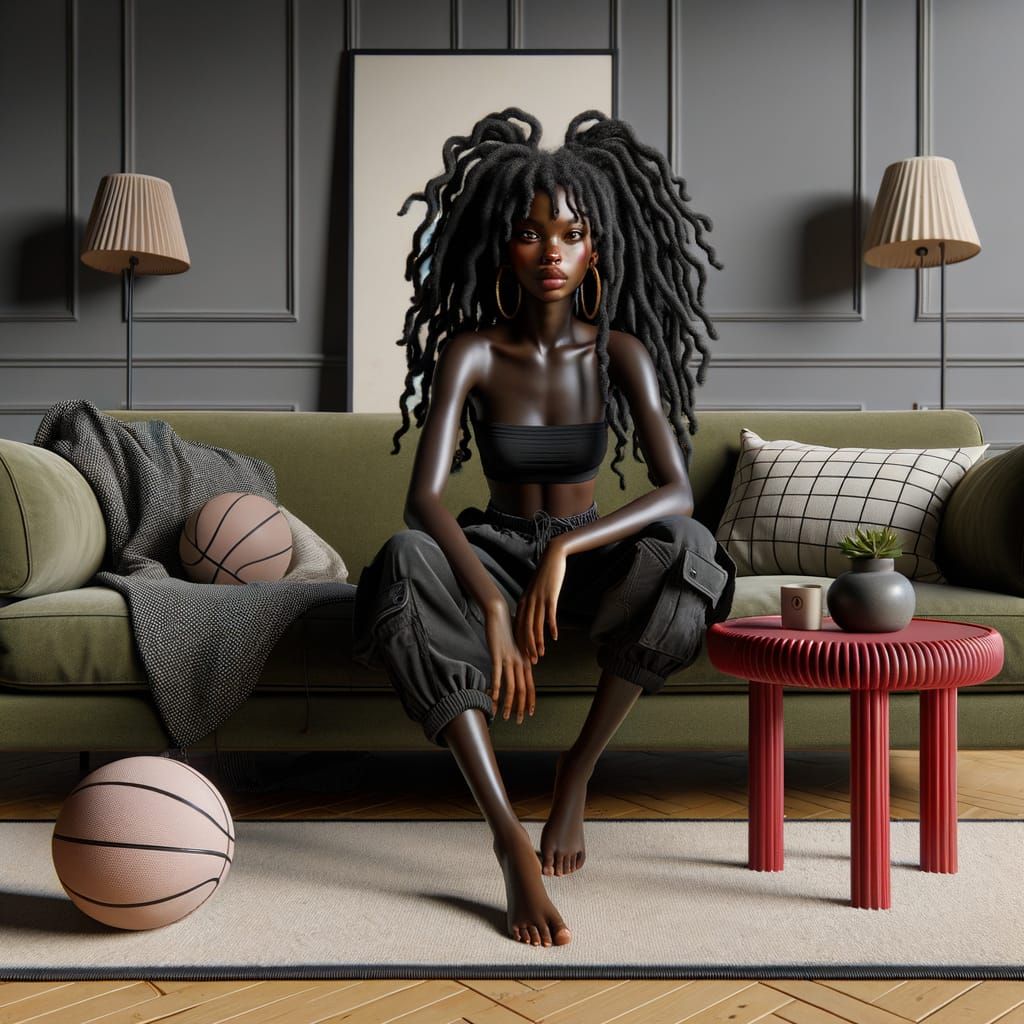 Photorealistic Portrait of a Black Woman Lounging on Sofa