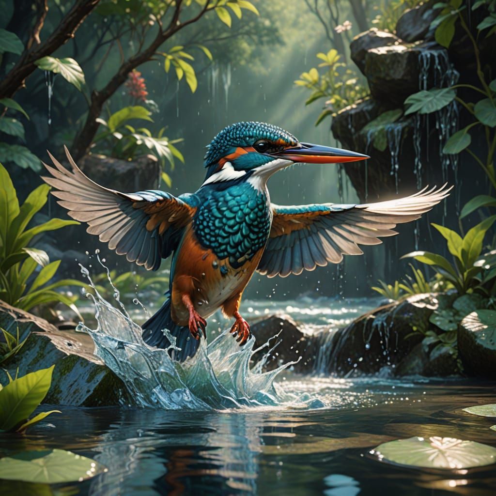 Kingfisher Dives for Fish in Monet-Inspired Impressionist Pa...