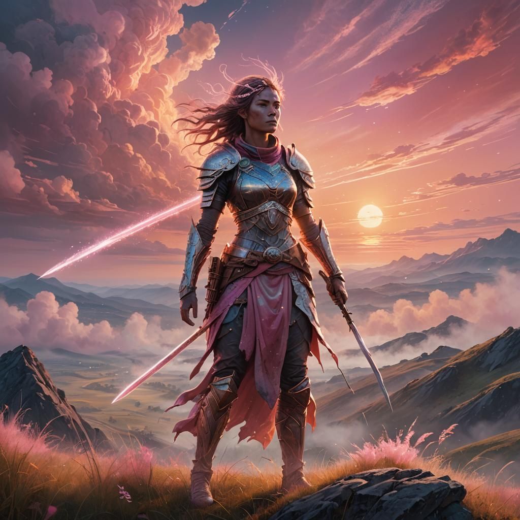 Cosmic Warrior at Dawn: Mixed Media Illustration