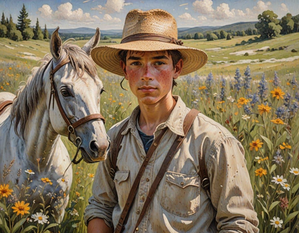 Impressionist Oil Painting of Boy and Silver Horse