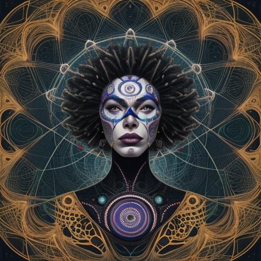 Afrofuturist Goddess with Crystoleum Halo and Windy Spirals