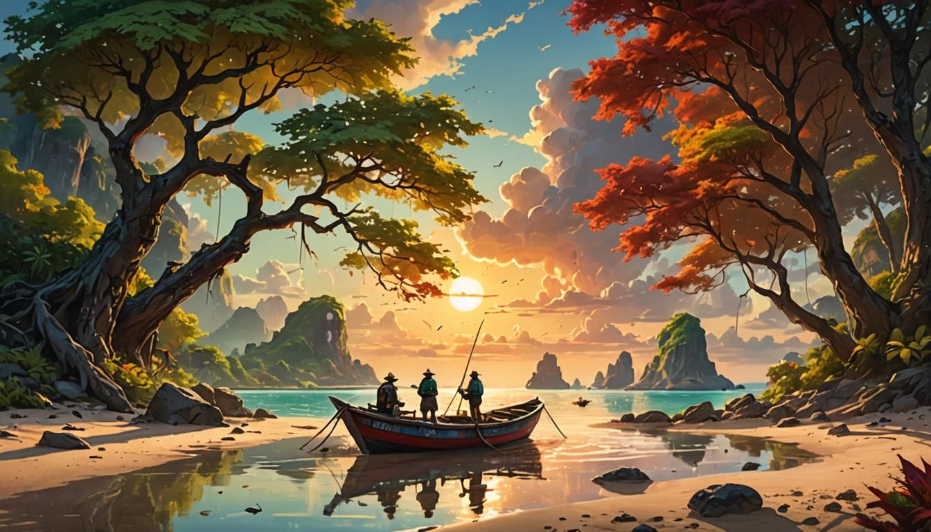 Fishermen Arrive at Lagoon in Fantasy Landscape