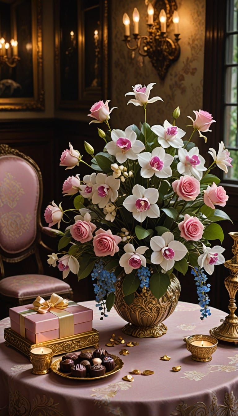 Romantic Still Life with Roses, Orchids, and Luxury Chocolat...